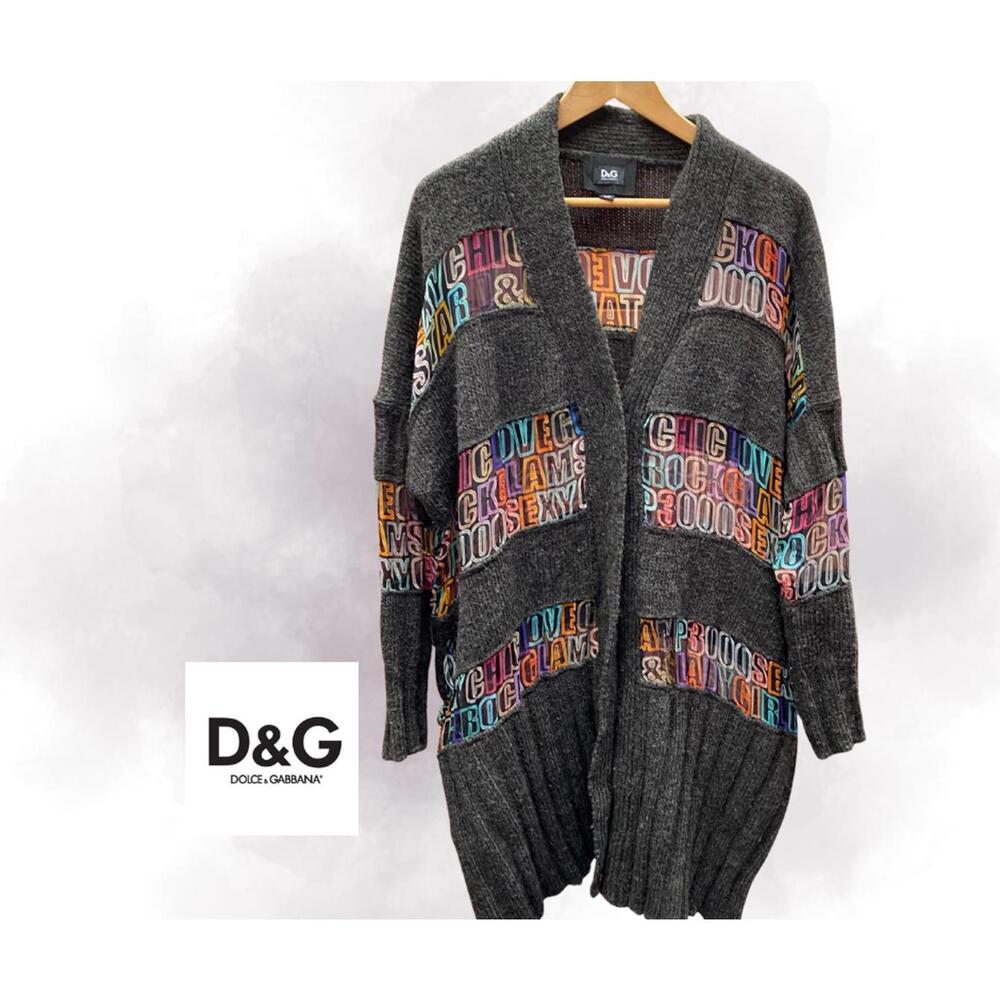 Rare Dolce & Gabbana D&G Women's Gray knit Cardigan w sheer panels of Neon words